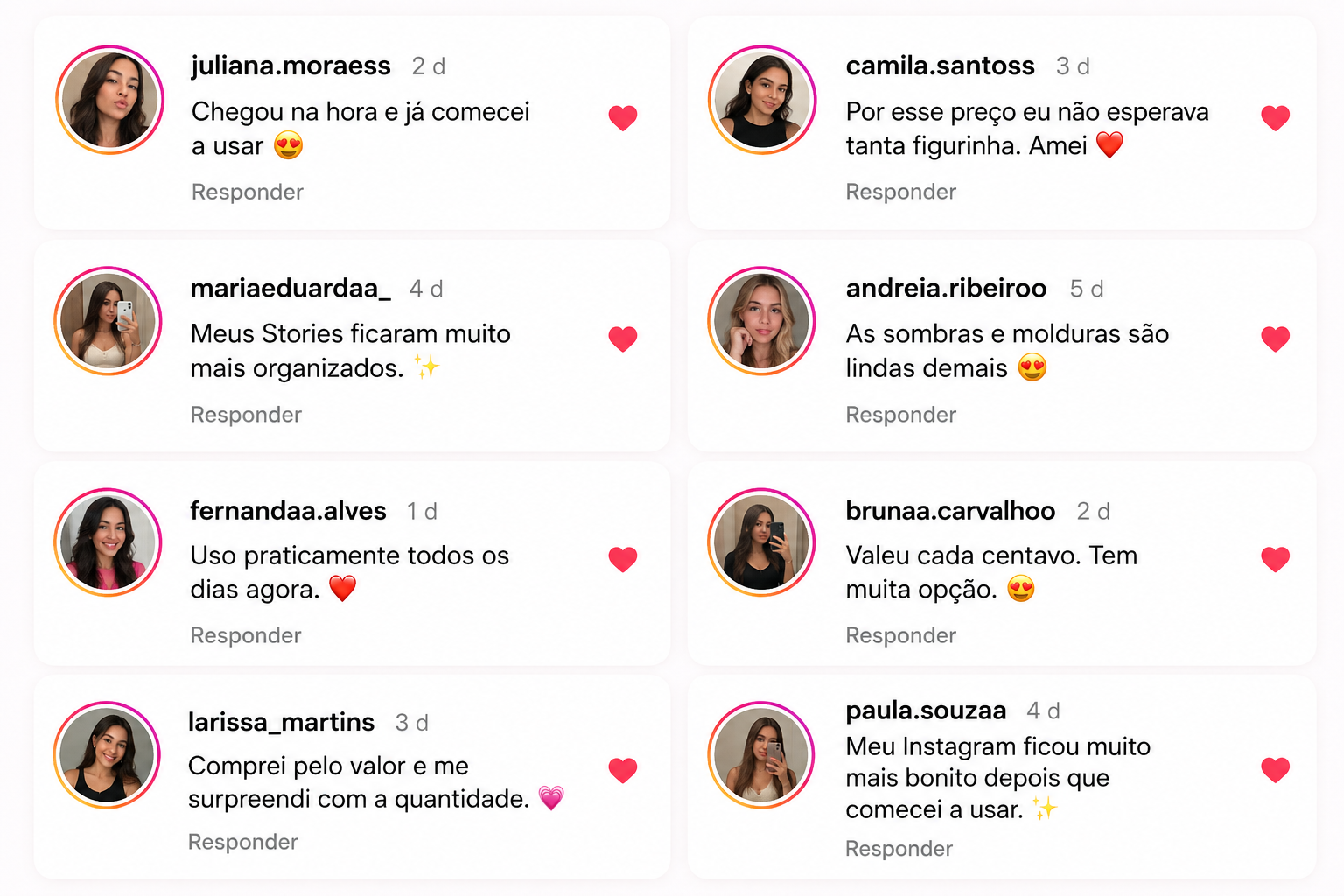 Comentários de clientes no Instagram elogiando as figurinhas para Stories
