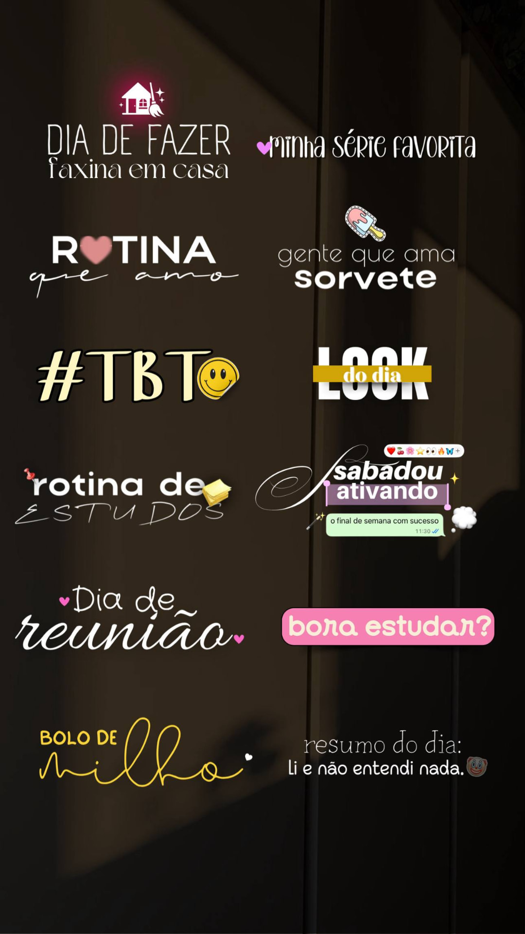 Figurinhas de rotina, estudos e dia a dia